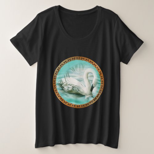 Swan in turquoise water with Gold and black design Plus Size T_Shirt