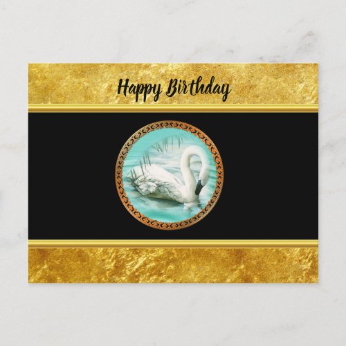 Swan in turquoise water with Gold and black design Postcard