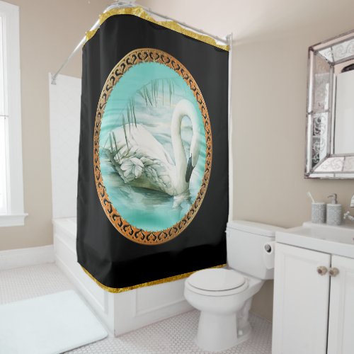 Swan in turquoise water with Gold and black design Shower Curtain