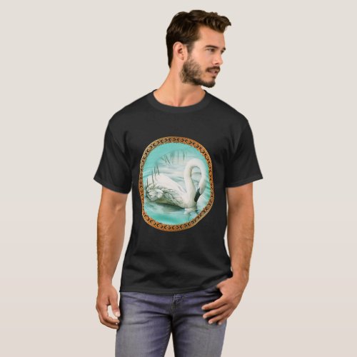 Swan in turquoise water with Gold and black design T_Shirt