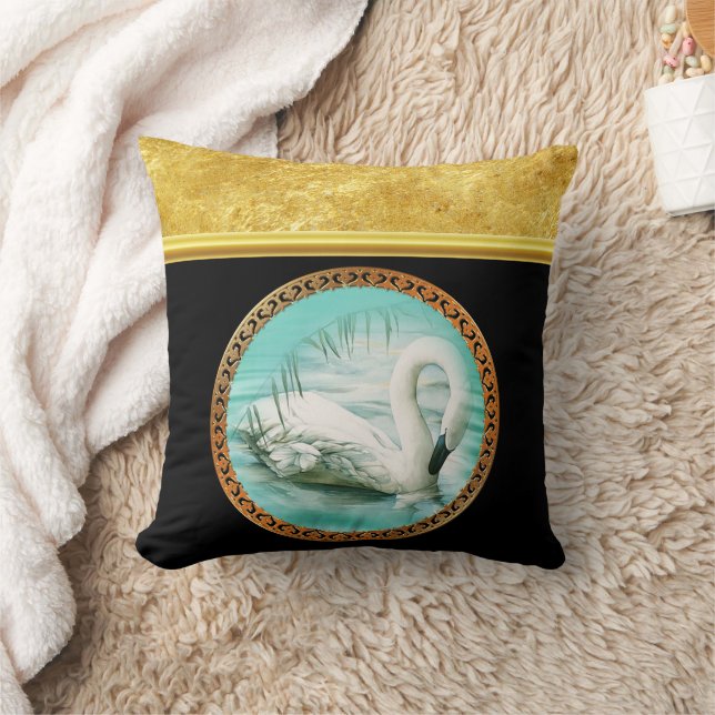Swan in turquoise water with Gold and black design Throw Pillow (Blanket)