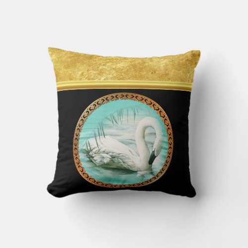 Swan in turquoise water with Gold and black design Throw Pillow