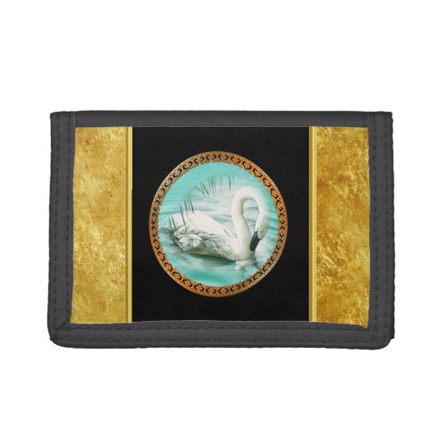 Swan in turquoise water with Gold and black design Tri_fold Wallet