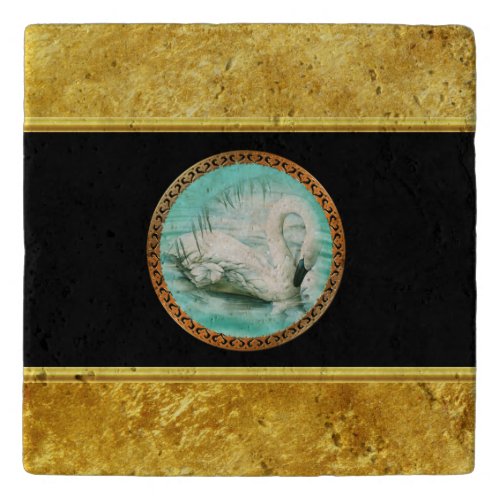 Swan in turquoise water with Gold and black design Trivet