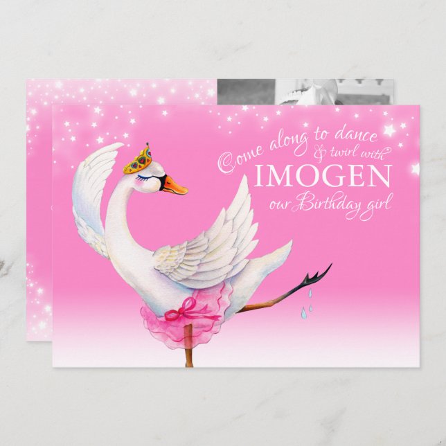 Swan lake ballet first birthday pink invitations (Front/Back)