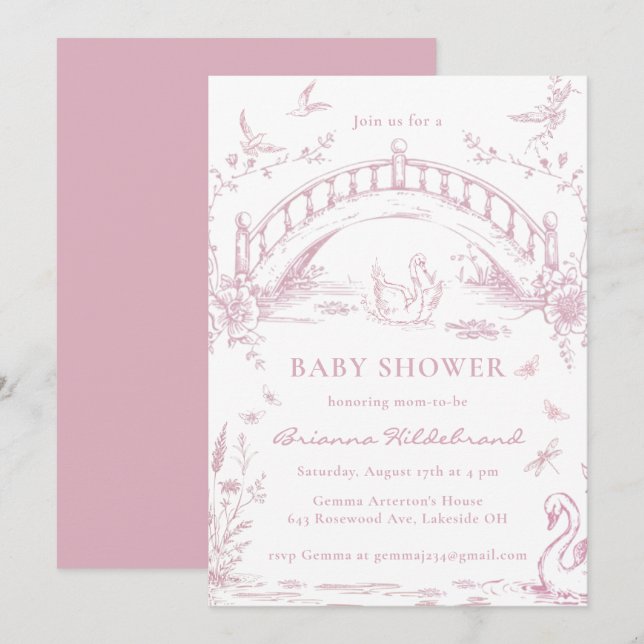 Swan Lake Pink Toile Chinoiserie Girl Baby Shower  Invitation (Front/Back)