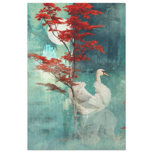 Swan Lake Turquoise  Coral Red Tree decoupage Tissue Paper