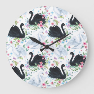 Swan Lake: Watercolor Pastel Pattern. Large Clock