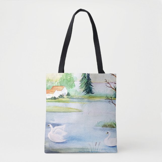 Swan Lake Watercolor Tote Bag (Front)