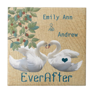 Swan Love Birds Wood Grain Ever After Anniversary Ceramic Tile