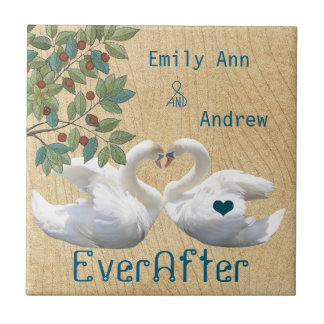 Swan Love Birds Wood Grain Ever After Anniversary Ceramic Tile