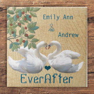 Swan Love Birds Wood Grain Ever After Anniversary Ceramic Tile