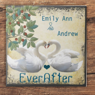 Swan Love Birds Wood Grain Ever After Anniversary Ceramic Tile