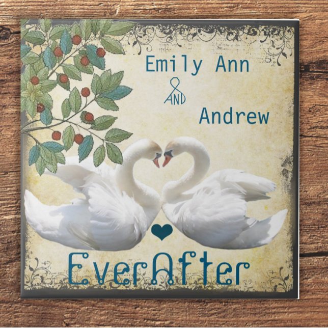 Swan Love Birds Wood Grain Ever After Anniversary Ceramic Tile (Creator Uploaded)