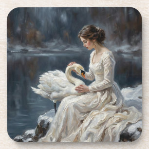 Swan Maiden Winter Lake Romance Fantasy Art Beverage Coaster