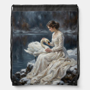 Swan Maiden Winter Lake Romance Fantasy Art Drawstring Bag
