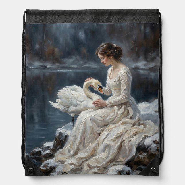 Swan Maiden Winter Lake Romance Fantasy Art Drawstring Bag (Front)
