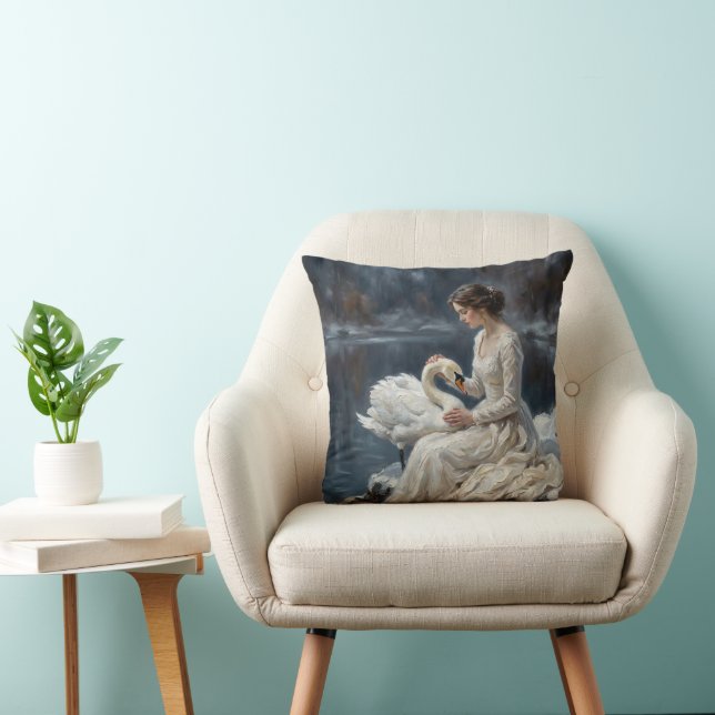 Swan Maiden Winter Lake Romance Fantasy Art Throw Pillow (Chair)