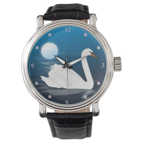 Swan Moon Water Blue White Silver Gray Custom Watch