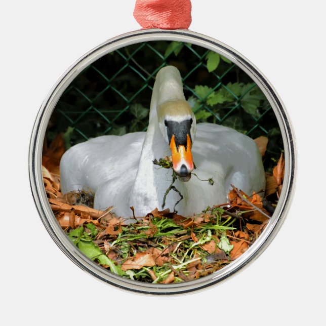 Swan on its nest metal ornament (Front)