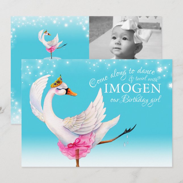 Swan on lake ballet 2nd birthday aqua invites (Front/Back)