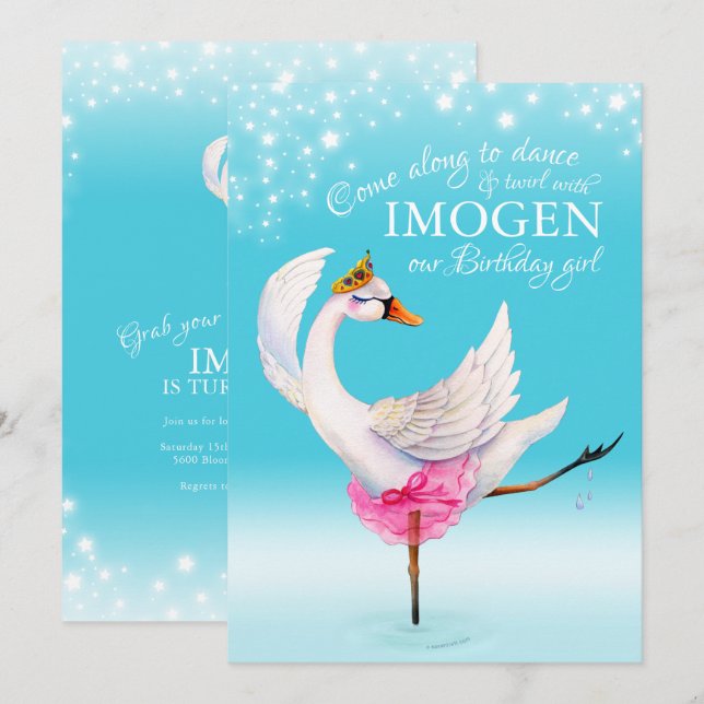 Swan on lake ballet 3rd birthday aqua invites (Front/Back)