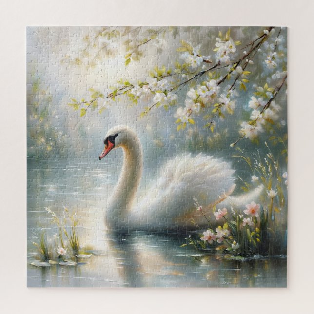 Swan on Lake Floral Painting Jigsaw Puzzle (Vertical)