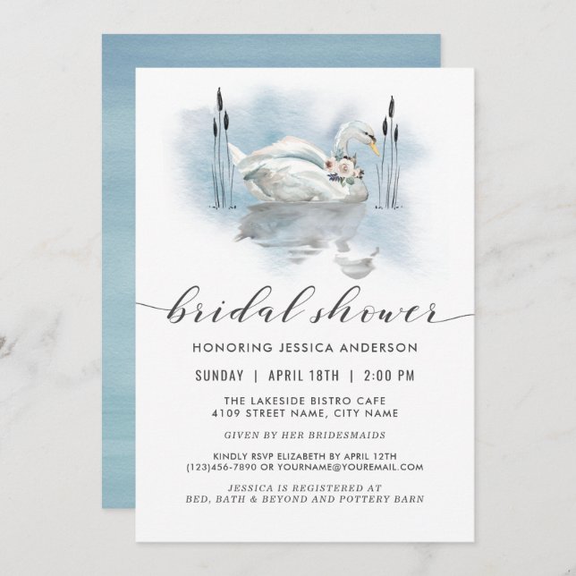 Swan on the Lake Watercolor Bridal Shower Invitation (Front/Back)