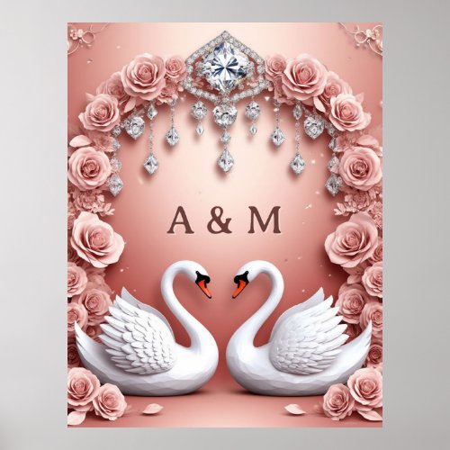 Swan Pair Pink Roses Wedding Chandelier Scene  Poster