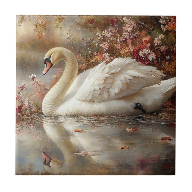 Swan Pastel Autumn Foliage Painting Ceramic Tile (Front)