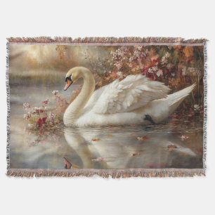 Swan Pastel Autumn Foliage Painting Throw Blanket