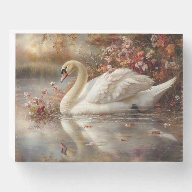 Swan Pastel Autumn Foliage Painting Wooden Box Sign (Front Horizontal)