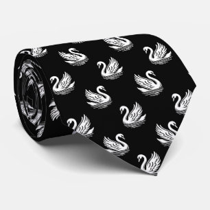 Swan Pattern 02 - White on Black Neck Tie