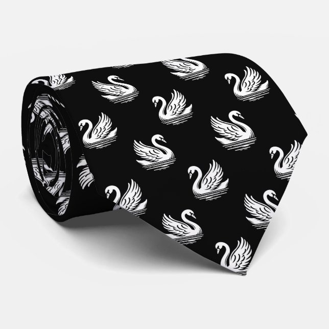 Swan Pattern 02 - White on Black Neck Tie (Rolled)
