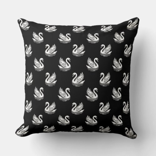 Swan Pattern 02 _ White on Black Throw Pillow
