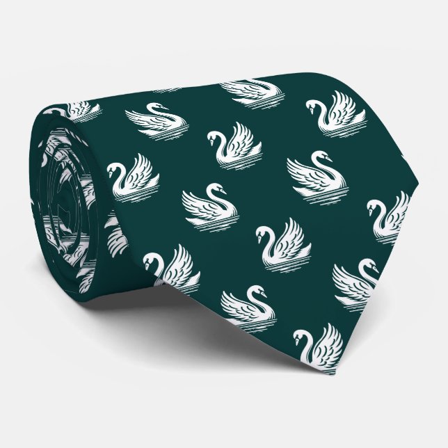 Swan Pattern 02 - White on Dark Green Neck Tie (Rolled)