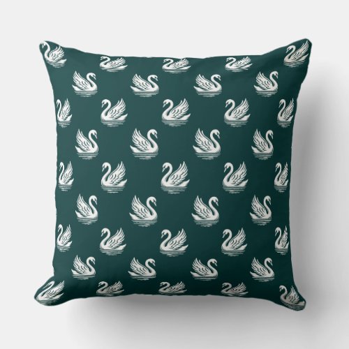 Swan Pattern 02 _ White on Dark Green Throw Pillow