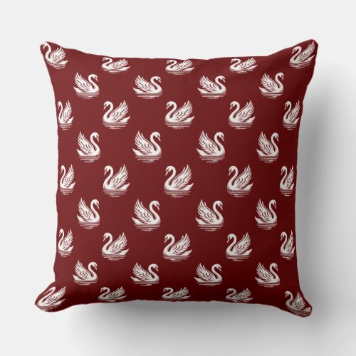 Swan Pattern 02 _ White on Dark Red Throw Pillow