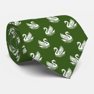 Swan Pattern 02 - White on Forest Green Neck Tie