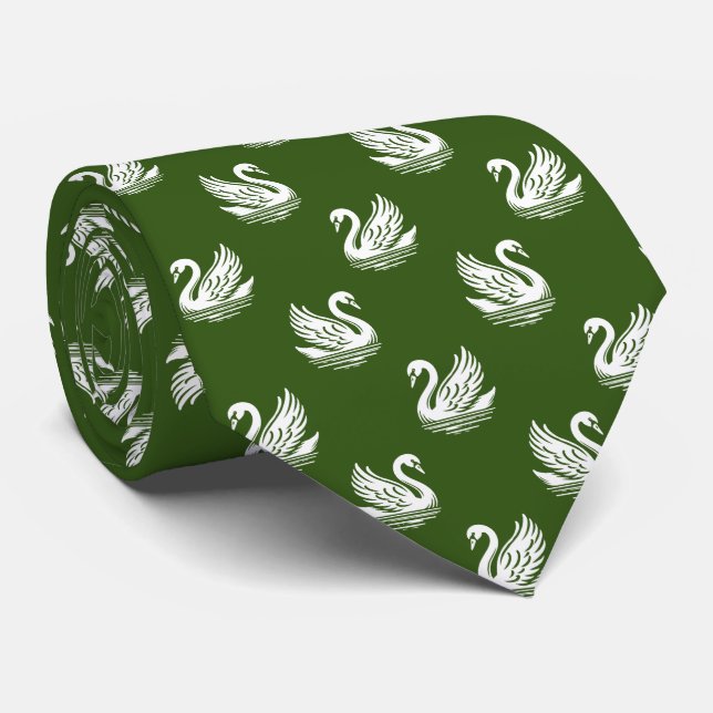 Swan Pattern 02 - White on Forest Green Neck Tie (Rolled)