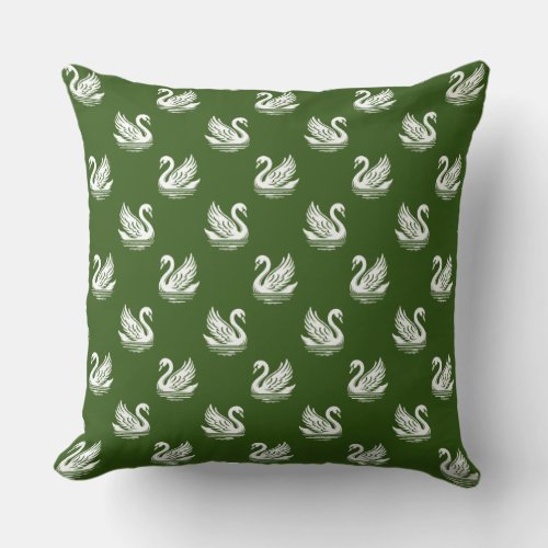 Swan Pattern 02 _ White on Forest Green Throw Pillow
