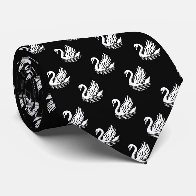 Swan Pattern - White on Black Neck Tie (Rolled)