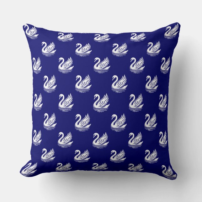 Swan Pattern - White on Deep Navy Blue Throw Pillow (Front)