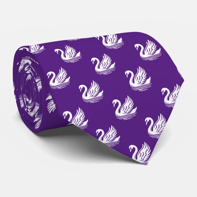 Swan Pattern - White on Royal Purple Neck Tie (Rolled)
