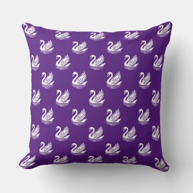 Swan Pattern - White on Royal Purple Throw Pillow (Front)