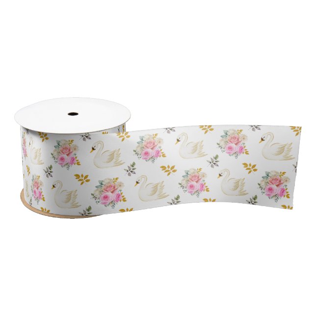 Swan Pink and Gold Floral Roses Satin Ribbon (Spool)