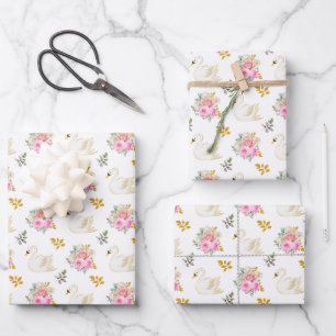 Swan Pink and Gold Floral Roses Wrapping Paper Sheets