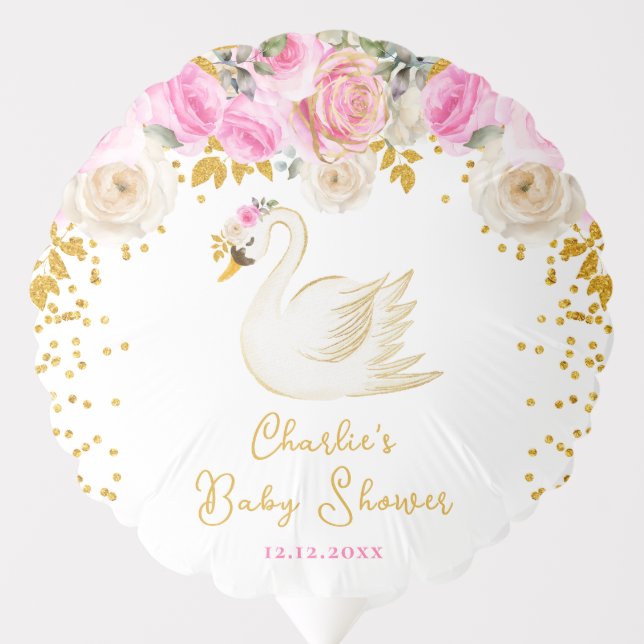 Swan Pink and Gold Roses Baby Shower Balloon (Front)