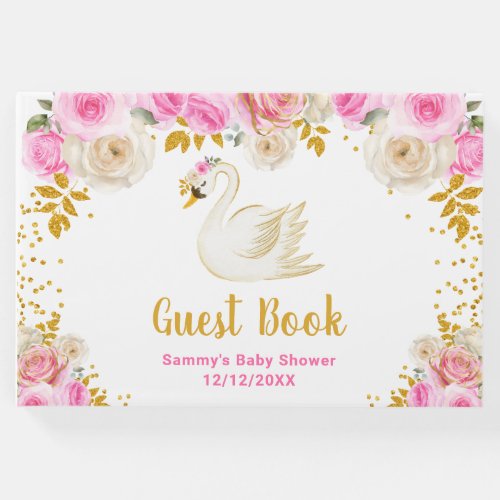 Swan Pink and Gold Roses Baby Shower Guest Book
