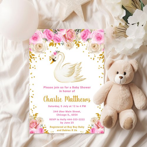 Swan Pink and Gold Roses Baby Shower Invitation